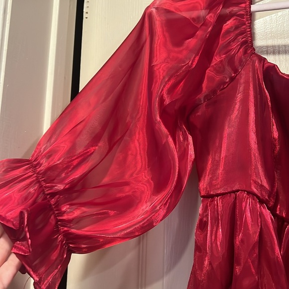 NWT Red Chiffon Baby Doll Dress with Sheer Billowy Sleeves - Picture 4 of 8